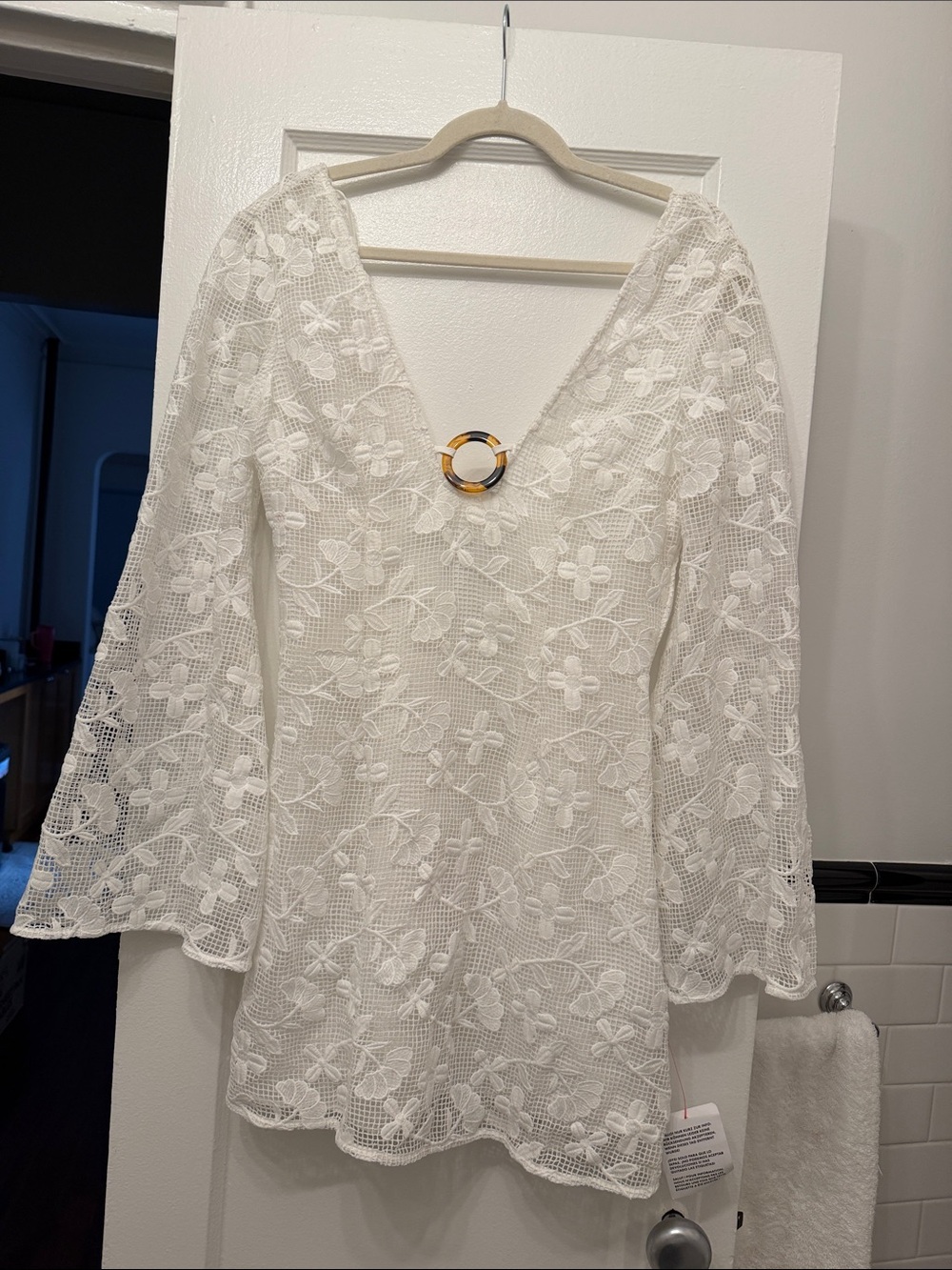 ASOS White Floral Lace Long Sleeve V-Neck Dress with Ring Detail